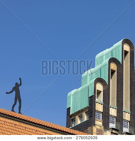 Mathildenhoehe With Wedding Tower And Man On Roof In Darmstadt
