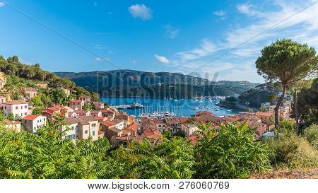 Panoramic View Over Harbor And Village Porto Azzurro, Elba Islands, Tuscany, Italy