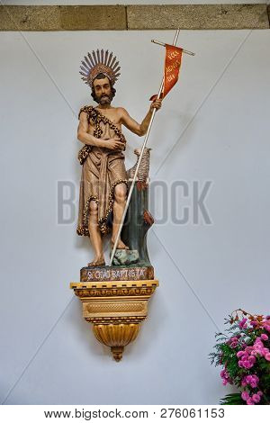 Braga, Portugal - December 23, 2018: Statue Of S. Joao Baptista, Details Of The Cathedral Of Braga, 