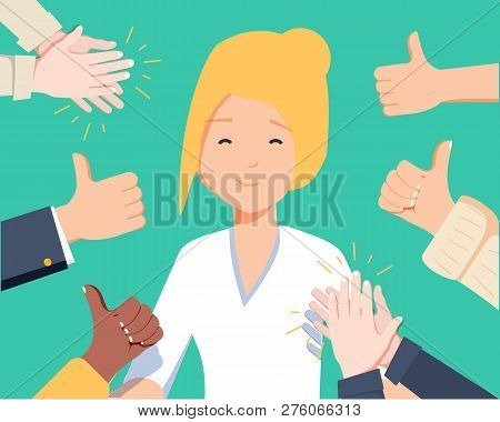 Happy Woman Portrait With Thumbs Up And Human Hands Clapping Isolated On Background. Thumbs Up Flat 