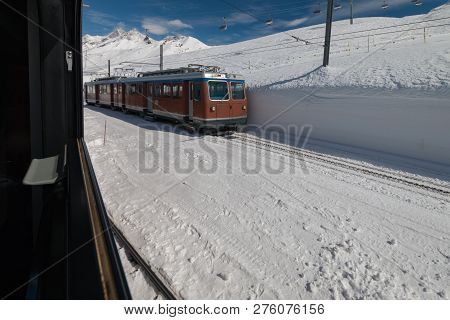 Zermatt, Switzerland - March 22, 2018: A Train Of Traditional Track Railway Gornergratbahn In The Sw