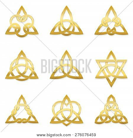 Celtic Triangle Knots. Nine Golden Symbols Used For Decoration Or Golden Pendants. Varieties Of Endl