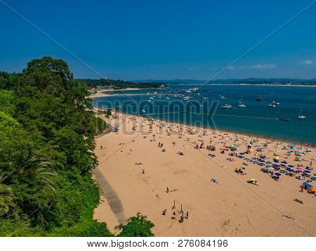 Santander / Spain - July 14, 2018: Spain - July 14, 2018 - Playa De Los Peligros In Santander On A S