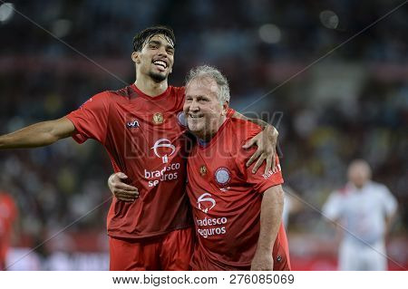 Rio, Brazil - December 27, 2018: Zico And Lucas Paqueta During Soccer Game Of The Stars In The Marac