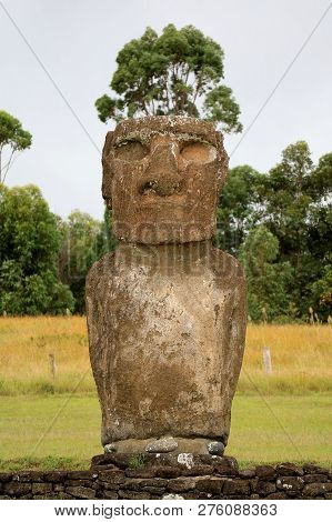 One Of Seven Historic Gigantic Moai Statue At Ahu Akivi Ceremonial Platform, Archaeological Site On 