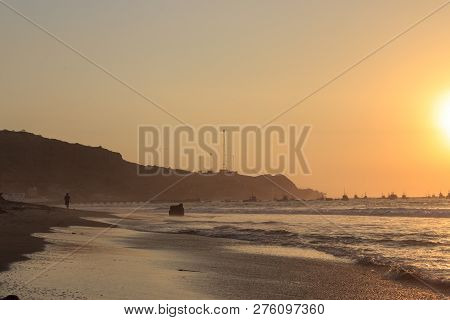 Sunset At The Ocean At Mancora Beach In Peru