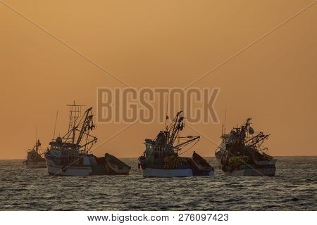 Sunset Over Mancora Beach With Fisher Boats, Peru