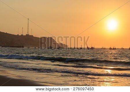Sunset Over Mancora Beach With Fisher Boats, Peru