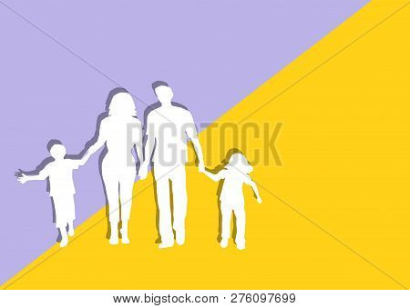 White Paper Silhouettes Of A Full-fledged Family On A Violet-yellow Background.