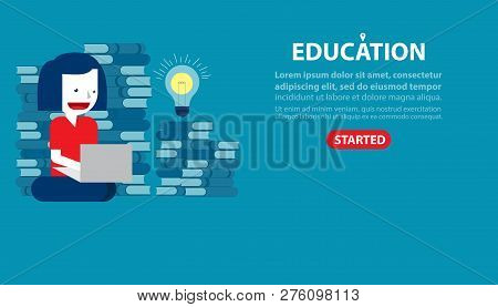 Vector Template Of Education Character. Concept Education Illustration Banners. Student Sitting With