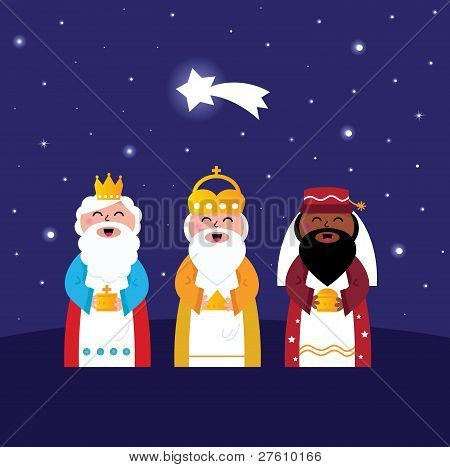 Three Wise Men Bringing Gifts To Christ ( Night Scene )