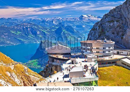Pilatus Kulm Mountain Peak And Lucerne Lake View, Alpine Peaks Of Switzerland