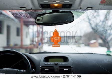 Miercurea Ciuc, Romania- 30 December 2018: Hanging Coconut Wunder Baum Air Freshener On Car Interior