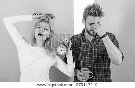 Lack Of Sleep. Couple Sleep Not Enough Time. Family Drink Morning Coffee Yawning Faces. Couple Overs