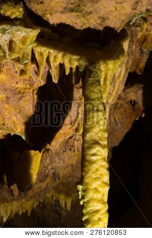 Impressive Formations Of The Stalactites And Stalagmites In Dirou Cave. Greek Destination .natural B