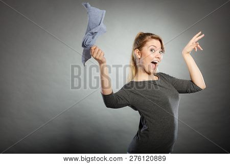 Chores Housework Silly Hygiene Clean Concept. Blonde Maid Enjoying Her Work. Young Girl Dancing Wavi