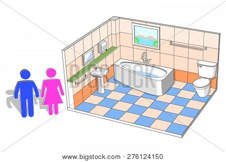 Interior Of Modern Bathroom With Bathtub Isometric View, Vector Illustration