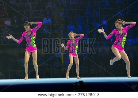 Moscow, Russia - November 16-17, 2018: Acrobats Daria Tikhomirova, Inna Yumashev And Sophia Polishch