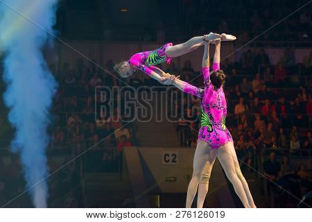 Moscow, Russia - November 16-17, 2018: Acrobats Daria Tikhomirova, Inna Yumashev And Sophia Polishch