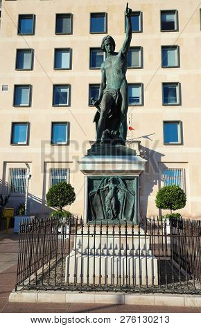 Genius Of Navigation. Bronze Statue In Toulon, France. Blue Coast