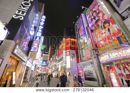 Tokyo Japan - December 12, 2018: Unidentified People Visit Kabukicho Red Light District Shinjuku In 