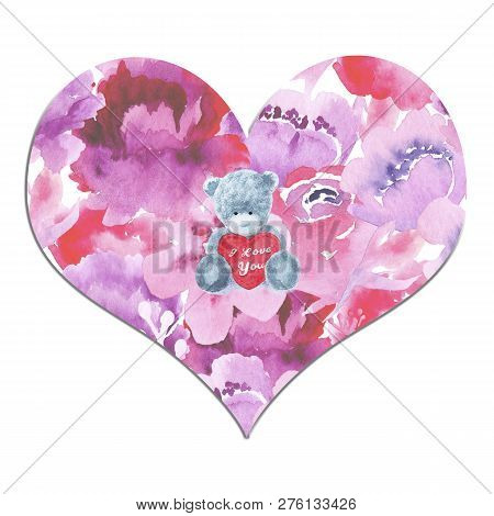 Watercolor Flowers In Heart, Lovers Day, Valentones Day