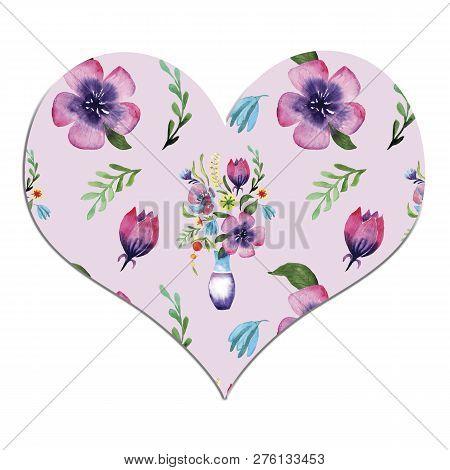 Watercolor Flowers In Heart, Lovers Day, Valentones Day