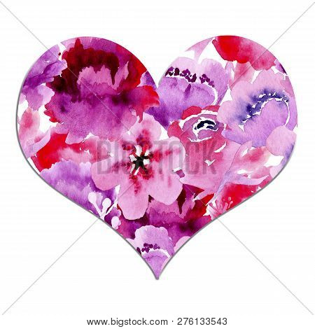 Watercolor Flowers In Heart, Lovers Day, Valentones Day