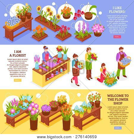 Set Of Three Isometric Florist Banners With Flower Shop Elements Bough-pots Seller Characters And Te