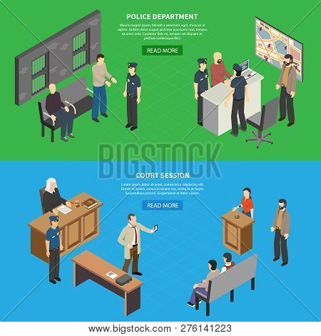 Judicial System 2 Horizontal Isometric Website Banners With Court Session Proceedings And Police Dep