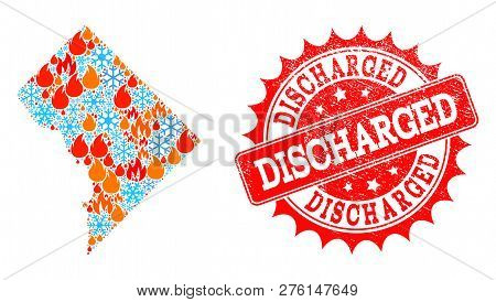 Composition Of Snowflake And Flame Map Of District Columbia And Discharged Grunge Stamp Seal. Mosaic