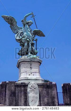 Bronze Sculpture Of The Archangel Michael Mounted On The Roof Of Saint Angel Castle. Castel Santange