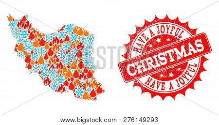 Composition Of Winter And Fire Map Of Iran And Have A Joyful Christmas Grunge Stamp Seal. Mosaic Vec