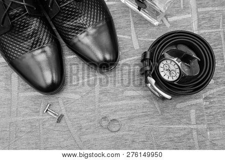 Set Of Bridal Accessories Of Bridegroom: Rings, Shoes, Straps, Watches, Cufflinks And Perfumes: Ring