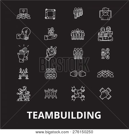 Teambuilding Editable Line Icons Vector Set On Black Background. Teambuilding White Outline Illustra