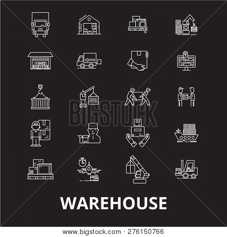 Warehouse Editable Line Icons Vector Set On Black Background. Warehouse White Outline Illustrations,
