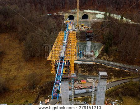 Aerial Of A Complex New Railway Bridge Construction Between Two Tunnels