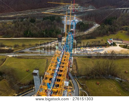 Aerial Of A Complex New Railway Bridge Construction Between Two Tunnels