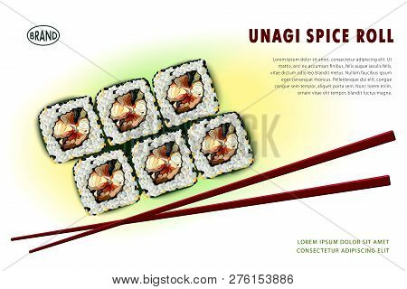 Menu Design Layout. Japaneese Food, Realistic Artwork Of Rolls And Sticks. Useful For Restaurant Adv