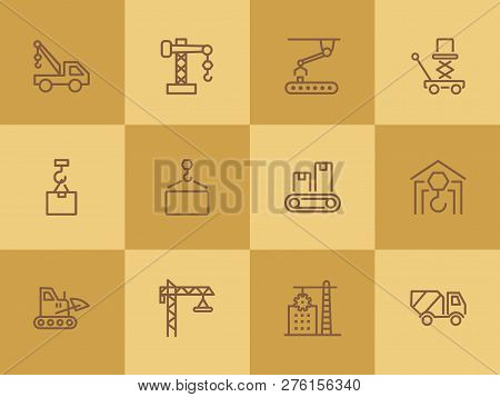 Industry Machines Line Icon Set. Concrete Mixer, Crane, Site. Machinery Concept. Can Be Used For Top
