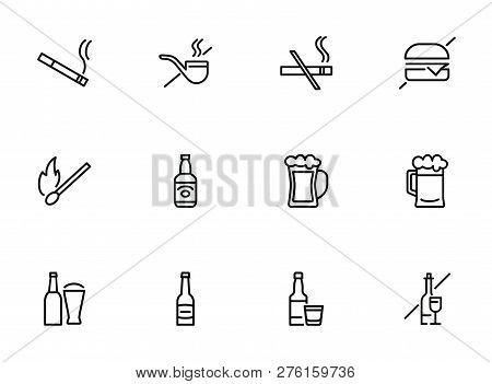 Unhealthy Lifestyle Line Icon Set. Set Of Line Icons On White Background. Beer, Match, Cigarette, Bu