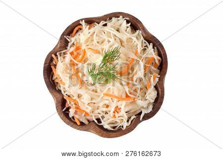 Winter Salad. Sauerkraut, Fermented Cabbage In A Wooden Bowl Isolated On White Background. Healthy E