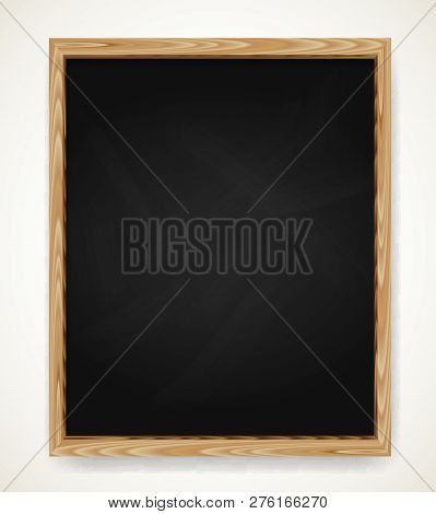 Realistic Blank Black Chalkboard In Wooden Frame. Background For School Or Restaurant Design, Menu. 
