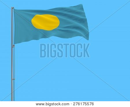 Isolate Flag Of Palau On A Flagpole Fluttering In The Wind On Blue Background, 3d Rendering