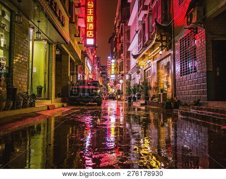 Zhangjiajie/china - 13 October 2018:beautiful City Of Zhangjiajie City In The Night With The Rain In