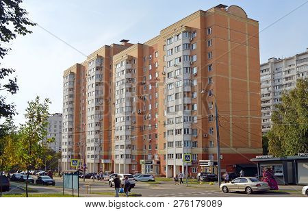 Moscow, Russia - September, 2018: Twelve-fourteen-storey Four-entrance Panel Residential Building In