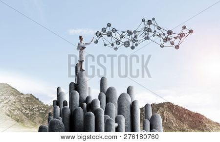 Young Female Doctor With Folder In Hands Satnding On Stone Column. 3d Rendering