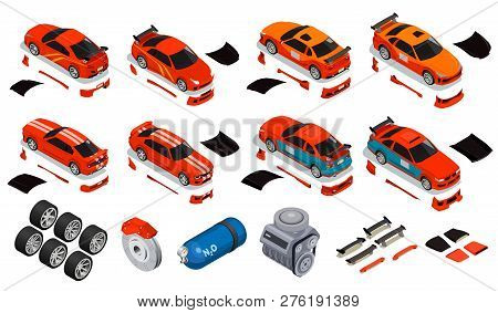 Car Tuning Isometric Icons Set Of Improving Wheels Rims Tires Nitrous Oxide Gas Container Unlocking 