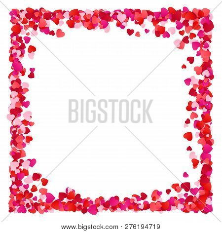 Corolful Red Paper Heart Frame Background. Romantic Scattered Hearts Texture. Heart Frame With Space