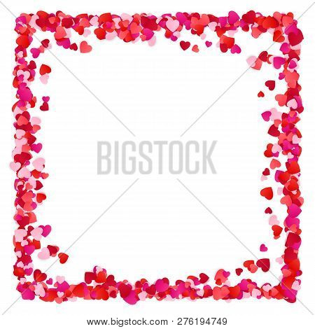 Corolful Red Paper Hearts Frame Background. Hearts Frame With Space For Text. Romantic Scattered Hea